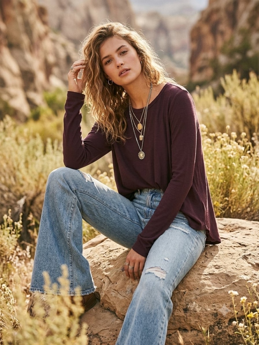 American Eagle Outfitters Long-Sleeve Crewneck Top in Brown